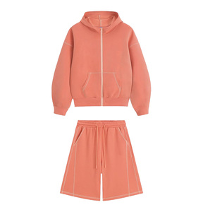 Ensemble de survêtement français épais et ample 2 pièces : sweat à capuche zippé et short, ensemble de détente surdimensionné assorti - Product Image 1