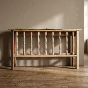 Console moderne en teck massif indien avec panneaux, meuble de salon avec détails tournés, décoration intérieure - Product Image 2