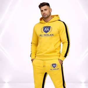 Ensemble de survêtement jaune pour homme, sweat à capuche et pantalon de jogging, logo personnalisé, vêtements de sport, rayures noires, streetwear, vente en gros - Product Image 1