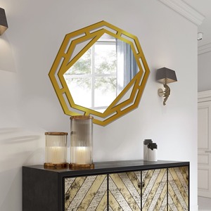 Modern design Hexagonal Mango Wood laser cut wall mirror available in customized size shape design for living room dining space - Product Image 5