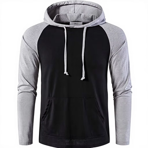 Wholesale <b>Black</b> Grey Contrast Hoodie - Slim Fit Raglan Pullover - Urban Streetwear Lightweight <b>Fleece</b> Hooded Top - Product Image 1