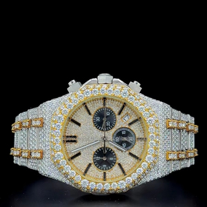 Reloj cronógrafo premium de oro bicolor, completamente cubierto de diamantes moissanite VVS1, funciona con batería, reloj de lujo con incrustaciones de diamantes. - Product Image 2