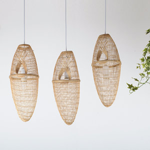 Hanging Repurposed Fishing Trap Basket Pendant Light <b>Tall</b> Woven Boho Rustic Lampshade Bamboo Wood Supplier Manufacturer - Product Image 1