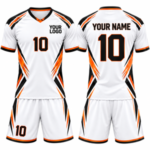 Ensemble de maillot de football personnalisé blanc et orange, col en V, manches courtes, impression sublimée, respirant, uniforme d'équipe unisexe pour adultes - Product Image 1