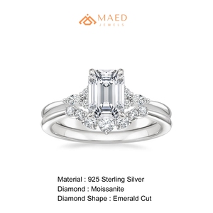 Conjunto nupcial de moissanita con corte esmeralda, anillo de compromiso de plata de ley 925 con detalles pavé, banda de boda curvada, joyería elegante para mujer - Product Image 6