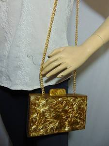 Golden Marble Finish Resin Clutch <b>Box</b> Purse Bags with Fashionable Chain Decoration Canvas Lining and Cover Closure Type - Product Image 3
