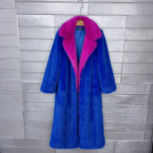 Abrigo Largo para Hombre de Piel Sintética de Zorro, Cortavientos, Azul, de Lana y Seda, con Cuello Rosa Abatible, Chaqueta de Invierno Esponjosa de Un Solo Botón - Product Image 1