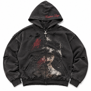 Chaqueta de algodón negra con cremallera, agujeros rasgados, bajo sin rematar, estilo vintage, corte holgado, cuello con letras cursivas rojas personalizadas, efecto desgastado, estilo deportivo y fitness. - Product Image 2