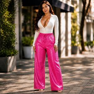Pantalon large en cuir gaufré crocodile rose, pantalon taille haute tendance - Product Image 1