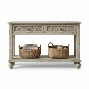 Most Demanded Hand Carved Solid Wood 2 Drawer <b>Console</b> <b>Table</b> with Lower Shelf for Living Room Available for Wholesale Supply - Product Image 1