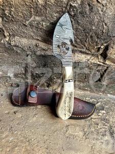 มีดล่าสัตว์เหล็กดามัสกัสแบบ OEM พร้อมด้ามเขาสัตว์  ใบมีดคงที่ สำหรับตั้งแคมป์ กิจกรรมกลางแจ้ง และพกพาประจำวัน พร้อมปลอกหนัง - Product Image 6
