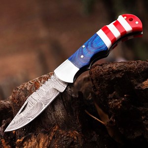 Navaja Plegable de Acero de Damasco con Hoja de Punta Caída, Mango con Bandera Americana Roja, Blanca y Azul, Cierre Trasero, Navaja de Bolsillo EDC, Equipo de Supervivencia OEM - Product Image 2