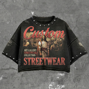 Men Acid Wash Rhinestone Drop Shoulder <b>T</b>-<b>Shirt</b> Oversized Urban Streetwear Solid Pattern 100% Cotton Wholesale Clothing Custom - Product Image 4