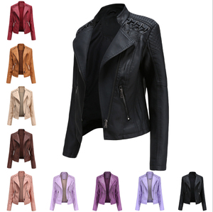 2026 Women's PU Leather Moto <b>Jacket</b> Stand Collar Full Sleeve Zipper Closure Solid Color Windproof Short Length Autumn Wear - Product Image 6