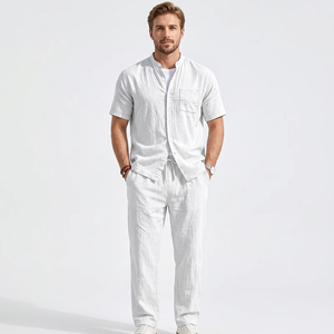 Ensemble de pyjama pour homme en coton blanc tricoté 140g, chemise à manches courtes et pantalon long, respirant, couleur unie, décontracté, pour l'été, coupe ample - Product Image 3