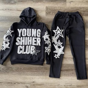 Ensemble survêtement streetwear épais avec logo personnalisé, broderie de lettres, sérigraphie, pantalon de survêtement évasé 500 g/m² et sweat à capuche - Product Image 3