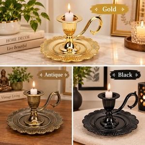 Gold Brass Chamberstick <b>Candle</b> Holder Handled Taper Stand Vintage Scalloped <b>Tray</b> Base Candleholder Home Table Wedding Decoration - Product Image 3