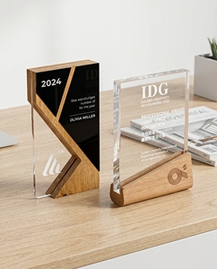 Premium Square Acrylic Crystal Award with Wooden Base Custom Offset Printed Recognition <b>Trophy</b> Recyclable Durable - Product Image 4