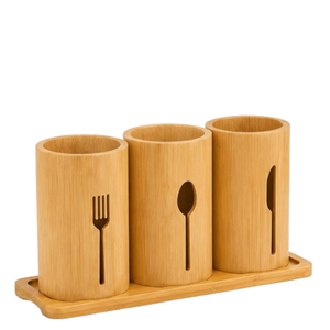 Rustic Hand-Carved Mango Wood Cutlery Holder With Handle 3-Compartment Flatware <b>Caddy</b> & Utensil Organizer For Farmhouse <b>Kitchen</b> - Product Image 6