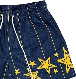 Shorts de sport pour homme bleu marine à motif étoiles, taille mi-haute avec cordon de serrage, décontractés, respirants, design rayé, en polyester - Product Image 5