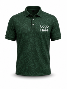 Chemise décontractée pour homme, vert foncé uni, manches courtes, en polyester/coton tricoté, respirante, avec logo personnalisé brodé sur le devant - Product Image 2