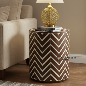 Mesa de Noche Moderna de Lujo con Incrustaciones de Hueso y Patrón Chevron Ecológico, Mesa de Tambor de Madera Hecha a Mano para Decoración de Sala de Estar - Product Image 2