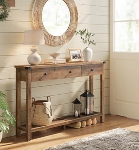 Console rustique en teck massif avec étagère de rangement, design moderne pour entrée, salon, salle à manger, couloir - Product Image 1