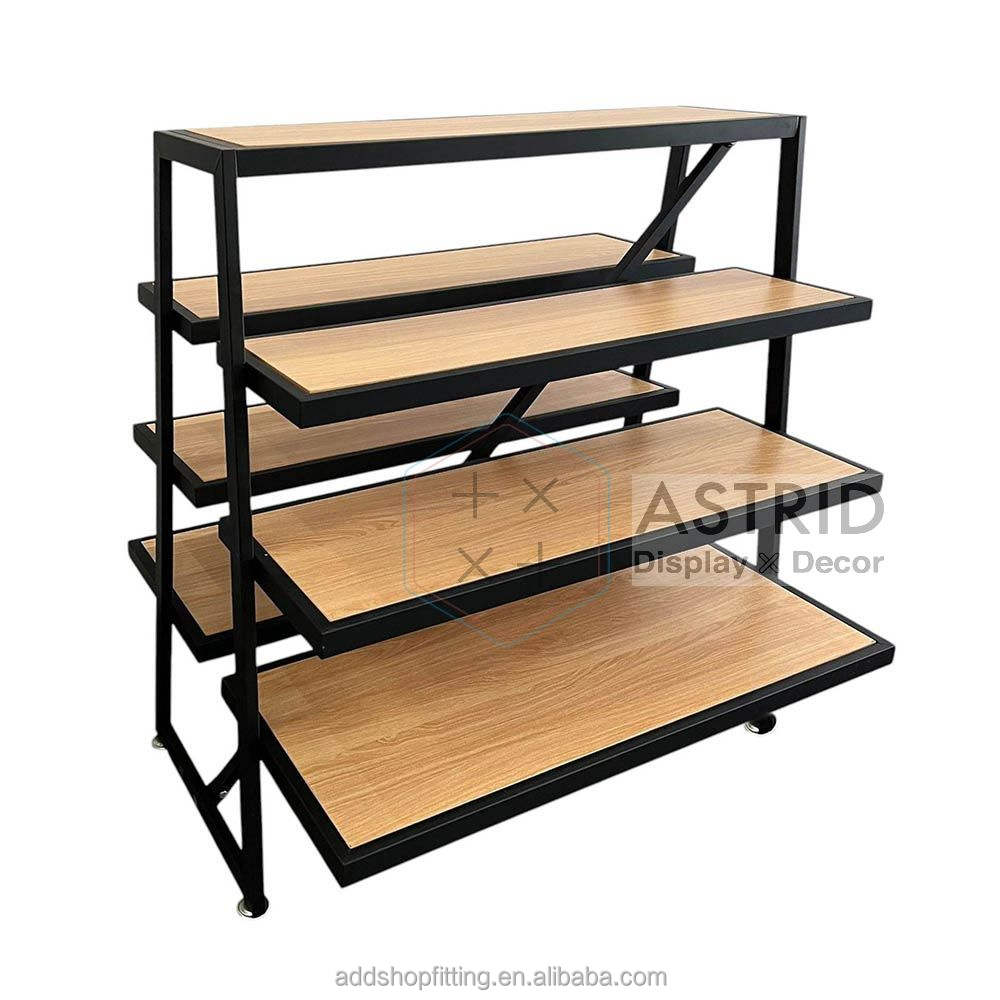 black rack with wooden panel