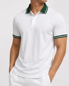 Polo homme blanc personnalisé à manches courtes avec col et bordure de manchette verts, style tricoté décontracté, polo homme premium, faible MOQ - Product Image 3