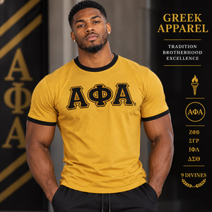 Camiseta Ringer Premium de Algodón Color Oro Viejo |   Camisa de Fraternidad para Hombre con Dobladillo Curvo y Letras Bordadas en Chenilla |   Ropa Griega - Product Image 3