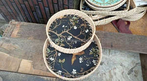 Plateau de service décoratif poli et durable avec poignées, décoration de table basse ottomane, style coquille en rotin, artisanat en bois d'Inde - Product Image 5