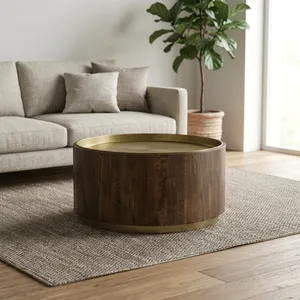 Round Fluted Wood Coffee <b>Table</b> with Brass <b>Tray</b> Top Metal Base Midcentury Modern Living Room Furniture - Product Image 4