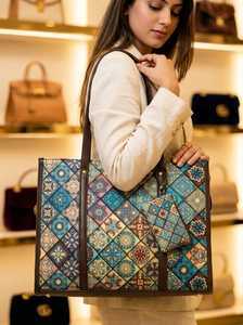 <b>Elite</b> Craft Studio Hand-painted Waterproof Bohemian Multicolor Jacquard Tote Bag Zipper Closure Pouch 3D Geometric Pattern - Product Image 1