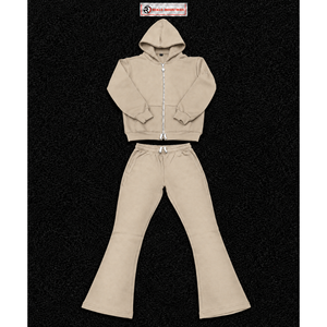 Ensemble survêtement homme beige personnalisé avec sweat à capuche zippé et pantalon de jogging évasé en molleton – Tenue décontractée streetwear et sportswear en gros - Product Image 5