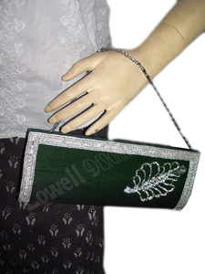 <b>Red</b> Velvet Envelope Clutch With Silver Beaded Leaf Decoration Chain Strap Evening Party Bag - Product Image 3