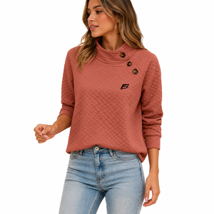 Women’s <b>Quilted</b> Pullover <b>Sweatshirt</b> High Neck Long Sleeve Diagonal Button Detail Textured Casual Top Round Neck <b>Sweatshirt</b> - Product Image 2