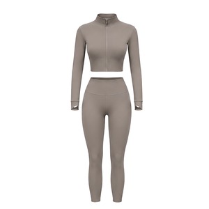 <b>Women</b> Eco-Friendly Solid Two Piece Workout Set Full Zipper Front Seamless Breathable Sports <b>Jacket</b> High Waisted Leggings Gym - Product Image 4