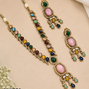 Ensemble collier et boucles d'oreilles ethniques pour femmes JeweleMarket, plaqué or, avec cristaux Meenakari et strass multicolores, pour mariage - Product Image 1