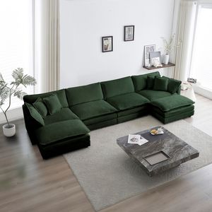 Divano Modulare a U in Ciniglia Verde con Chaise Longue Reversibile e Pouf Extra, Grande Divano Componibile per Soggiorno - Product Image 2