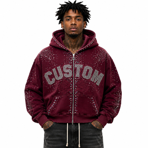 Sweat-shirt à capuche zippé personnalisé avec strass pour homme, style hip-hop, couleur bordeaux, design de logo sur le devant, coupe oversize en polaire - Product Image 4