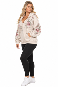 Sudadera con Capucha para Mujer, Beige, con Bordado Floral, Mezcla de Algodón, Tejido de Punto, Cierre de Cremallera, Bolsillos, Chaqueta Informal para Invierno/Primavera, Logotipo Frontal - Product Image 3