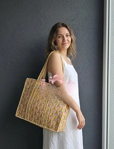 Handmade Jaipuri Block Print Cotton Zipper Bohemian Style Floral Printed Women's Indian Traditional High Quality <b>Beach</b> Tote Bag - Product Image 6