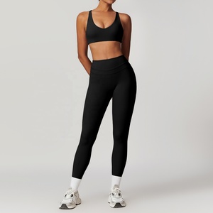 <b>Black</b> Racerback Tank Top High Waist Full Length <b>Leggings</b> 2 Piece Yoga Set Seamless Activewear Four-Way Stretch - Product Image 2