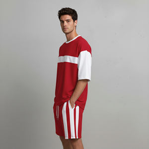 Ensemble décontracté homme t-shirt et short tricoté respirant bicolore rouge et blanc pour l'été - Product Image 3