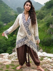 Handcrafted Rust Brown Cotton Hooded <b>Cardigan</b> with Tribal Border and Fringe Details Boho <b>Festival</b> Jacket At Factory Price - Product Image 2