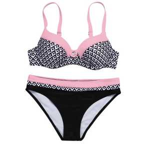 Conjunto de bikini de dos piezas para mujer, top push-up con estampado geométrico, parte inferior hipster con ribete en contraste, traje de baño elástico - Product Image 1