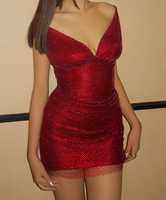 Robe de soirée mini dos nu en maille rouge rubis ornée de strass et de perles, coupe épaules tombantes, qualité supérieure, sexy, pour femme