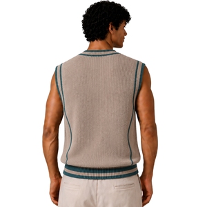 Gilet pull sans manches en tricot pour homme, col en V, couleur beige sable avec contraste bleu sarcelle, personnalisable avec logo, en laine et acrylique, vente en gros OEM - Product Image 2