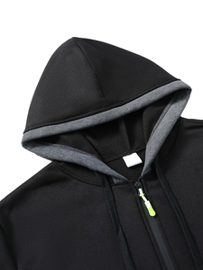 Sudadera con Capucha Negra de Alta Calidad para Hombre, Cierre de Cremallera, Poliéster/Algodón, Corte Regular, Color Sólido, Ribete Gris en la Parte Delantera, 420g, Servicio OEM - Product Image 3