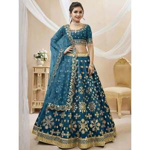 Robe de cocktail bleu classique brodée en soie, taille plus, Lehenga Choli - Product Image 2